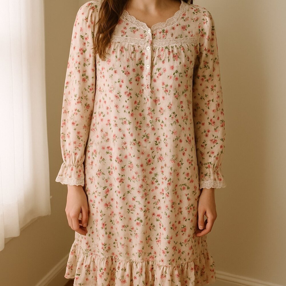Vintage Ashley Taylor Intimates Nightgown Flannel Floral Cottagecore Size Medium